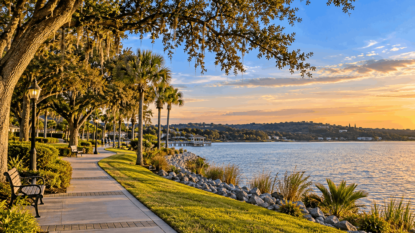 Historic Downtown Clermont waterfront on Lake Minneola with walking path and lakeside park
