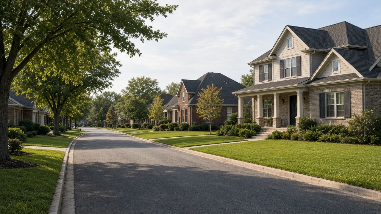 Tree-lined residential street with homes in Crowley, Texas