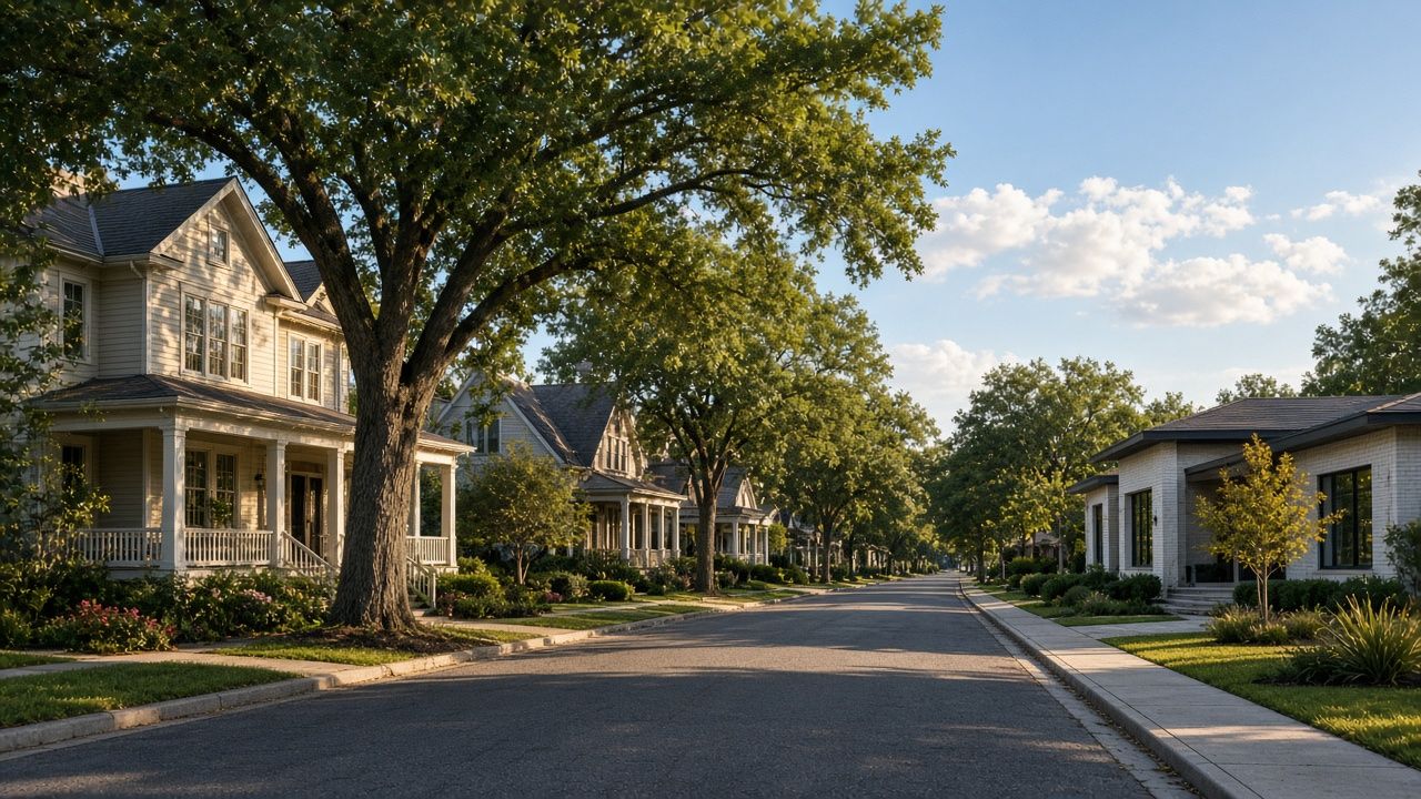 Tree-lined street with homes in Waxahachie, Texas