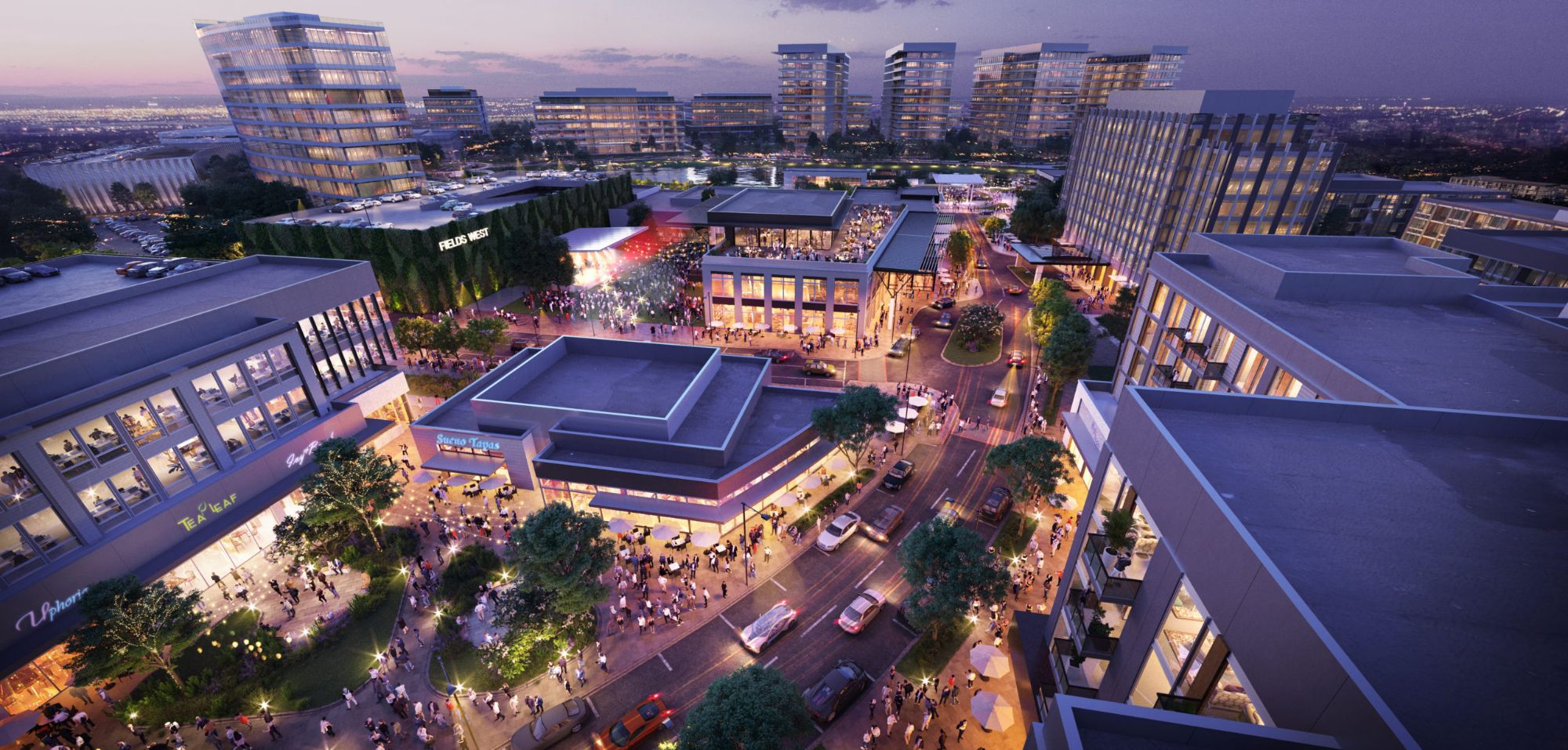 Aerial rendering of Fields West mixed-use district at dusk in the Fields development, Frisco, Texas