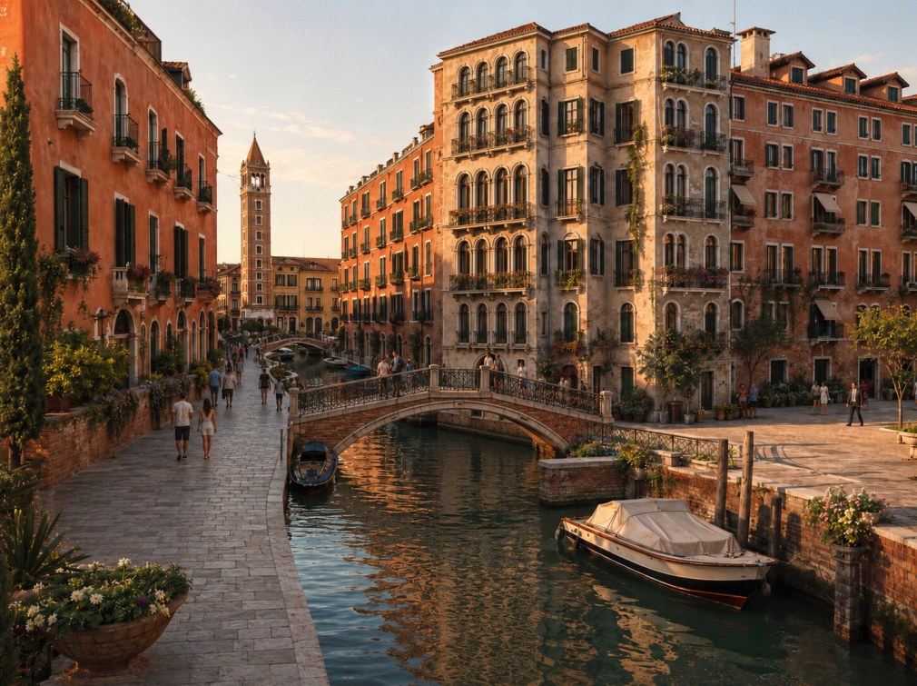 Rendering of The Marco in Prosper, Texas: a Venice-inspired canal with an arched footbridge, boats, and Italian-style buildings along a waterfront promenade