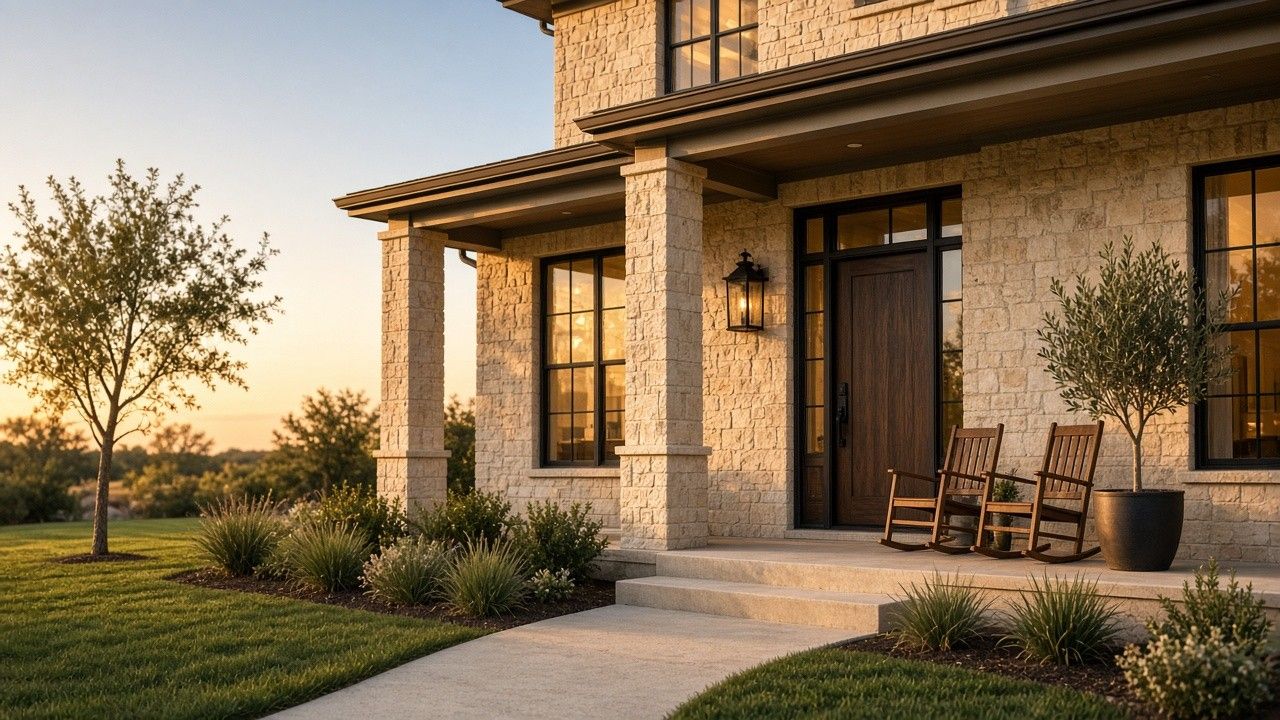 New-construction Texas model home with limestone facade and covered front porch at golden hour in Dallas–Fort Worth