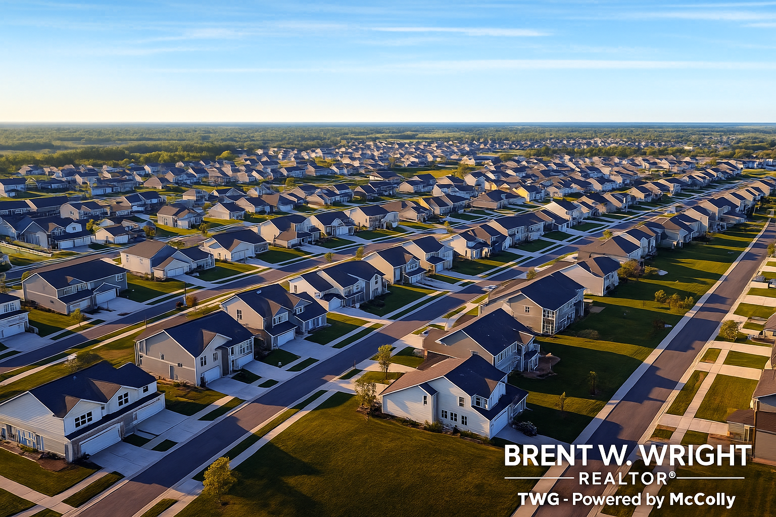 Aerial view of a large American suburban neighborhood at sunset, illustrating national migration patterns and major housing trends reshaping where Americans choose to live in 2025.