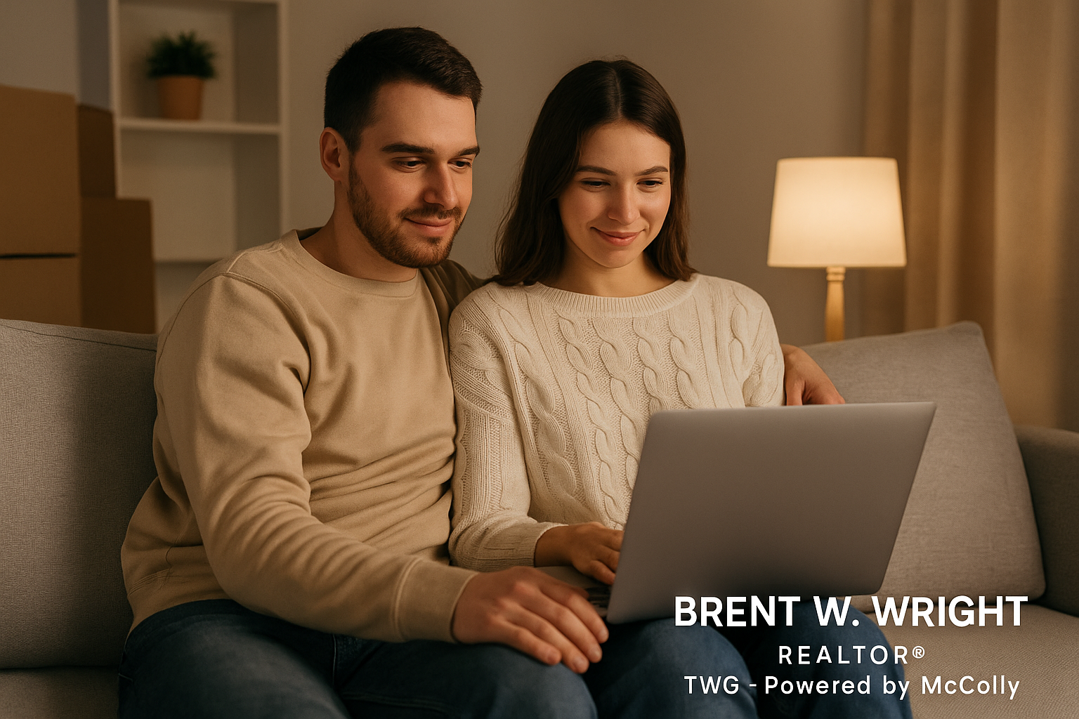 Young couple reviewing moving plans on a laptop in a cozy living room, representing lifestyle-driven relocation trends influencing homebuyers across the U.S. in 2025.