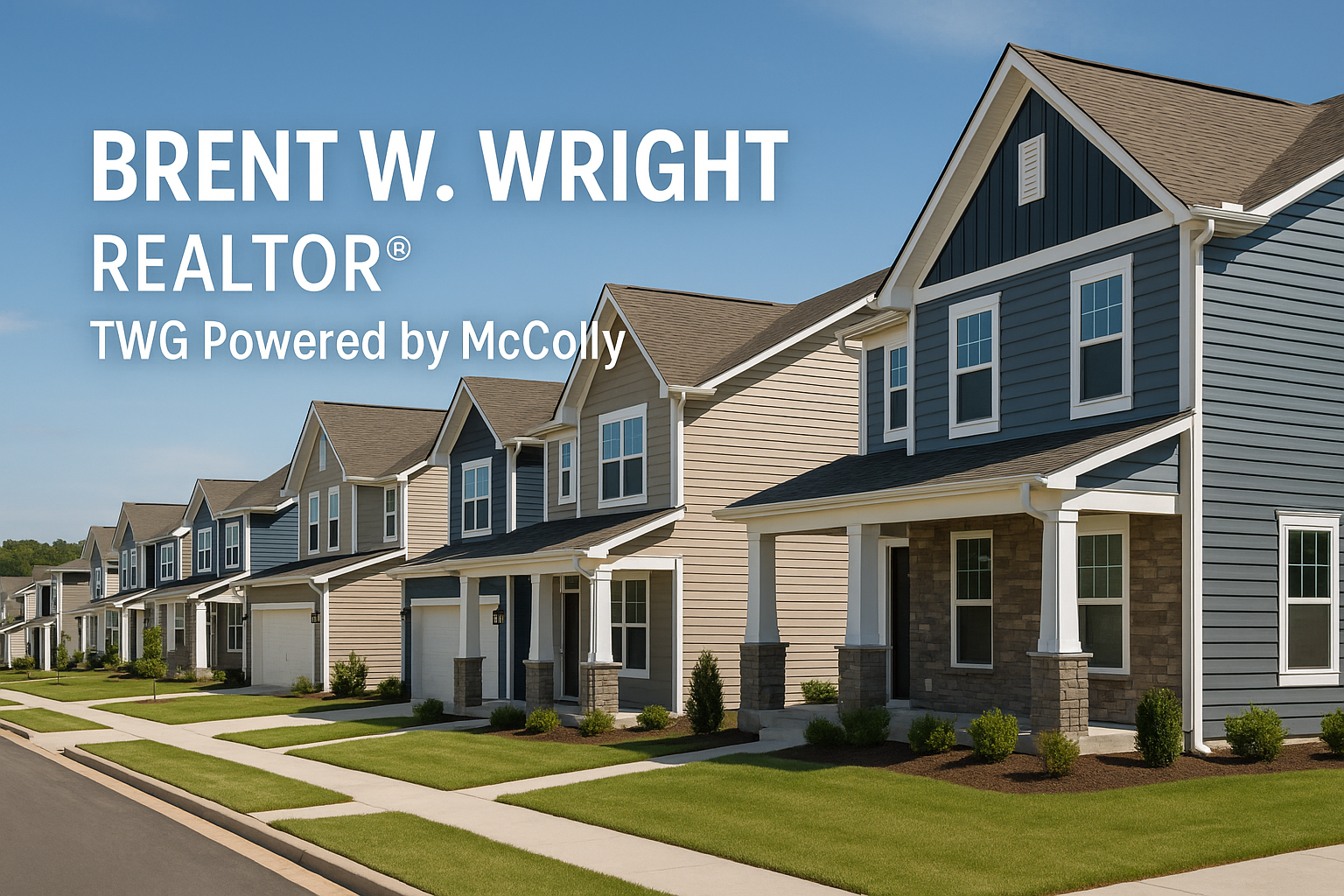 Row of modern suburban homes on a sunny day, representing national housing trends and shifting migration patterns across the U.S., branded for REALTOR® Brent W. Wright, TWG Powered by McColly