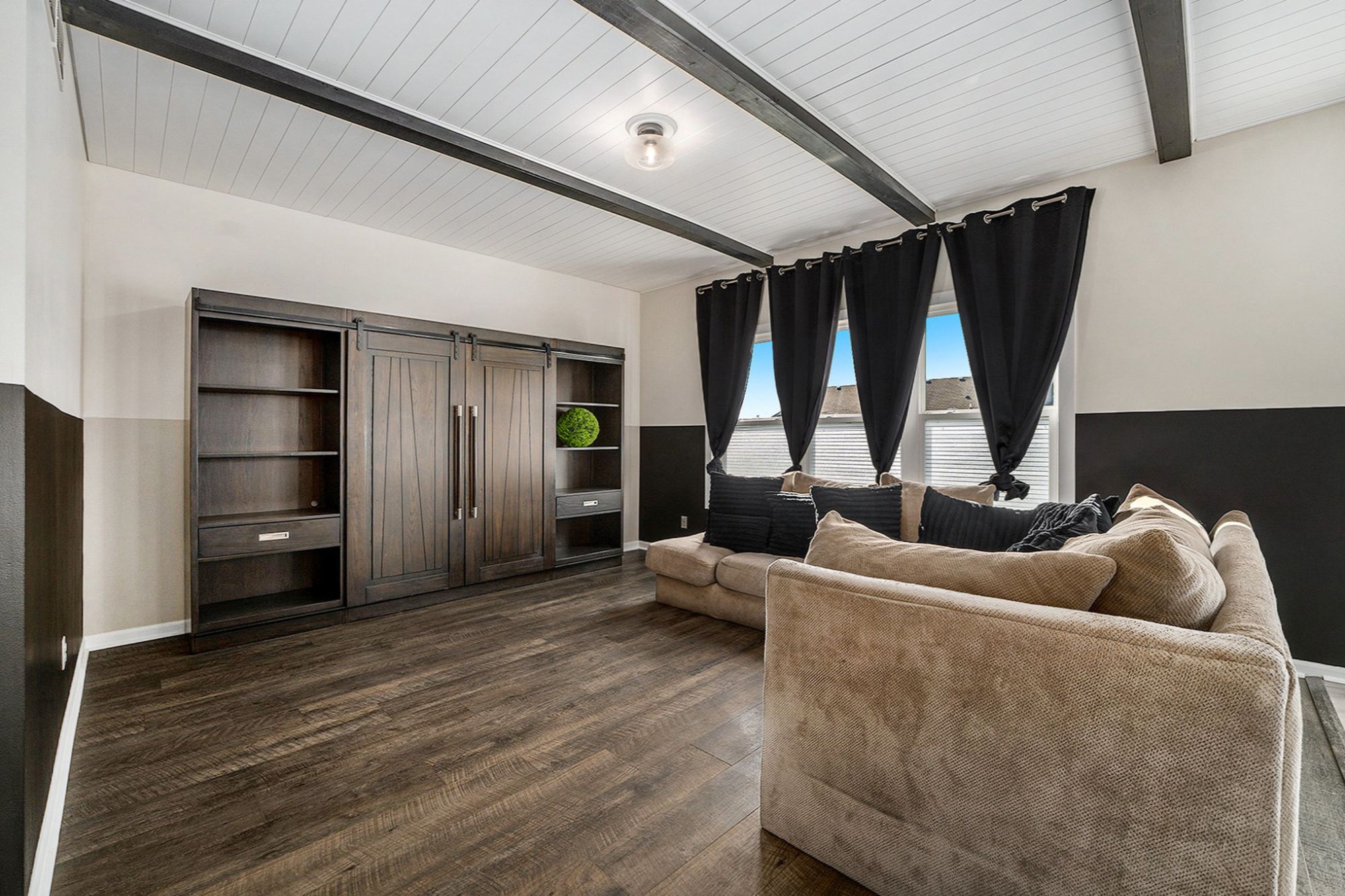 Living Room with Wood Beams
