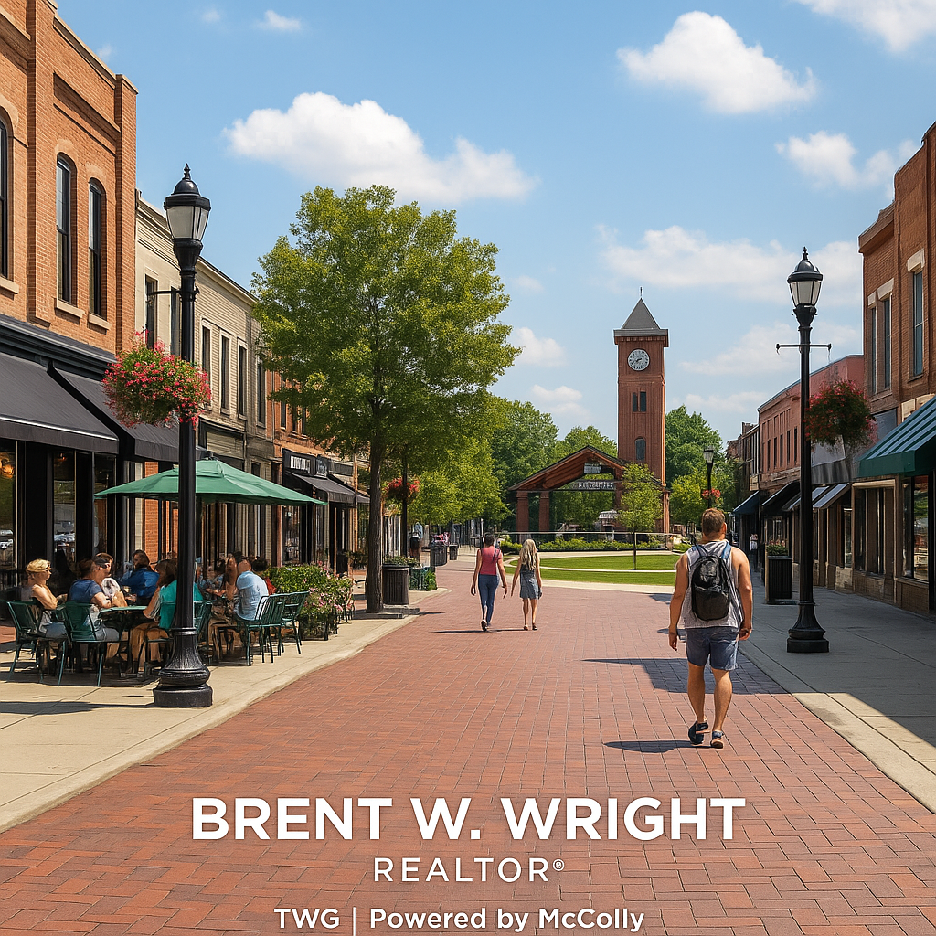 Downtown Valparaiso Indiana lifestyle scene with outdoor dining, brick streets, clock tower, and people walking &ndash; branded for Brent W. Wright REALTOR&reg; TWG | Powered by McColly.&rdquo;