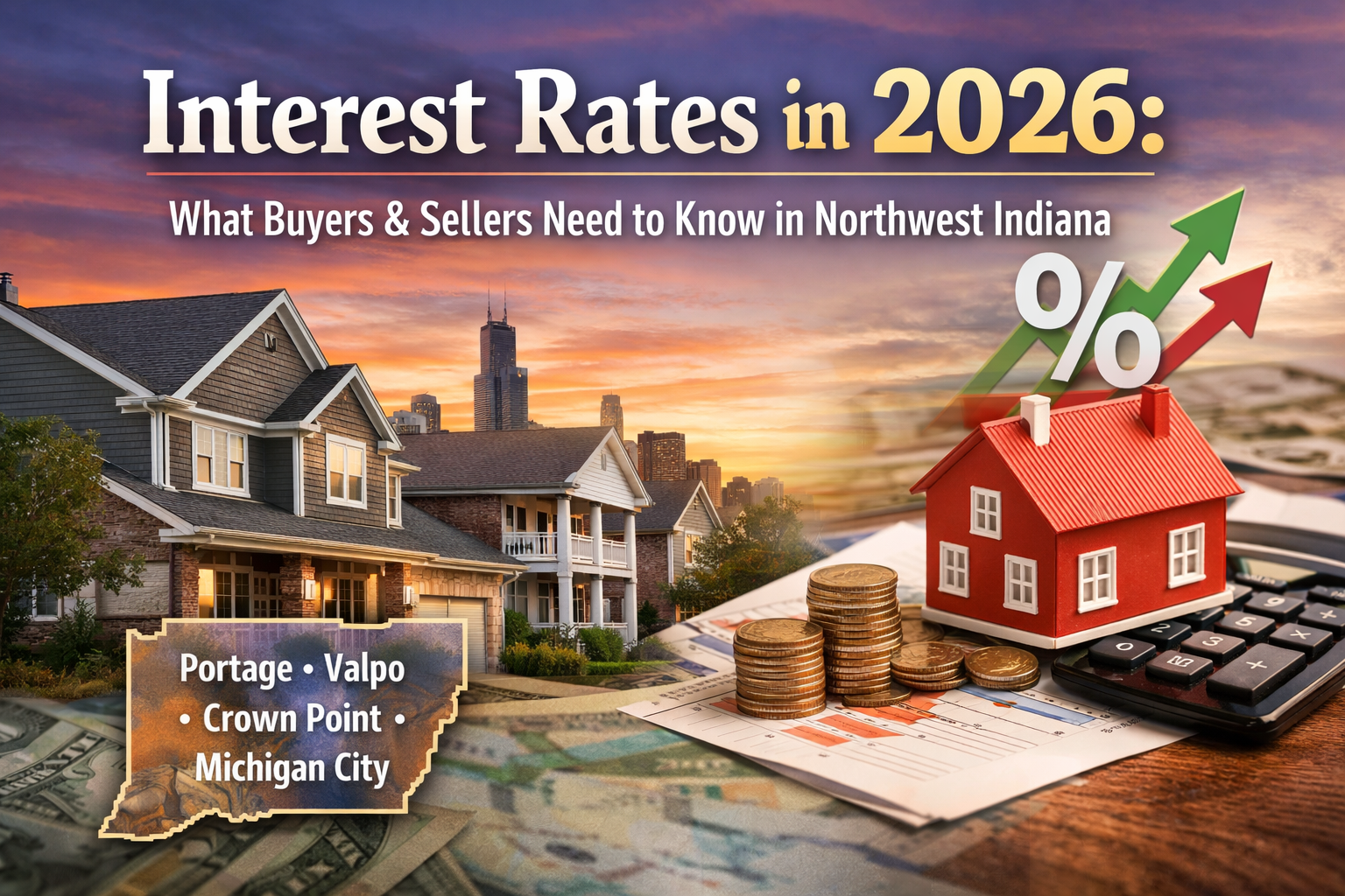 Interest rates in 2026 for home buyers and sellers in Northwest Indiana, featuring homes in Portage, Valparaiso, Crown Point, and Michigan City with mortgage rate trends.