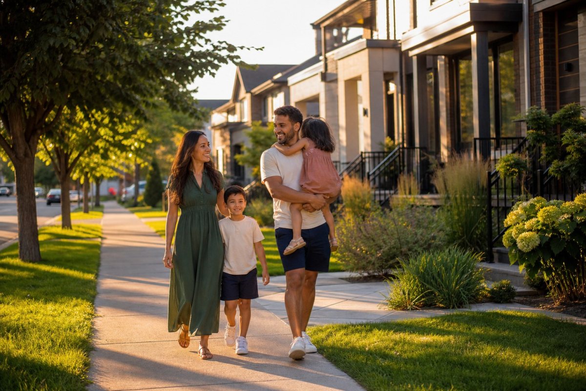 Family walking through a Milton Ontario neighbourhood in summer 2026