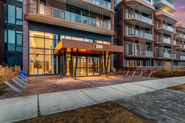 Brightwater II condos entrance at sunset, Port Credit waterfront Mississauga