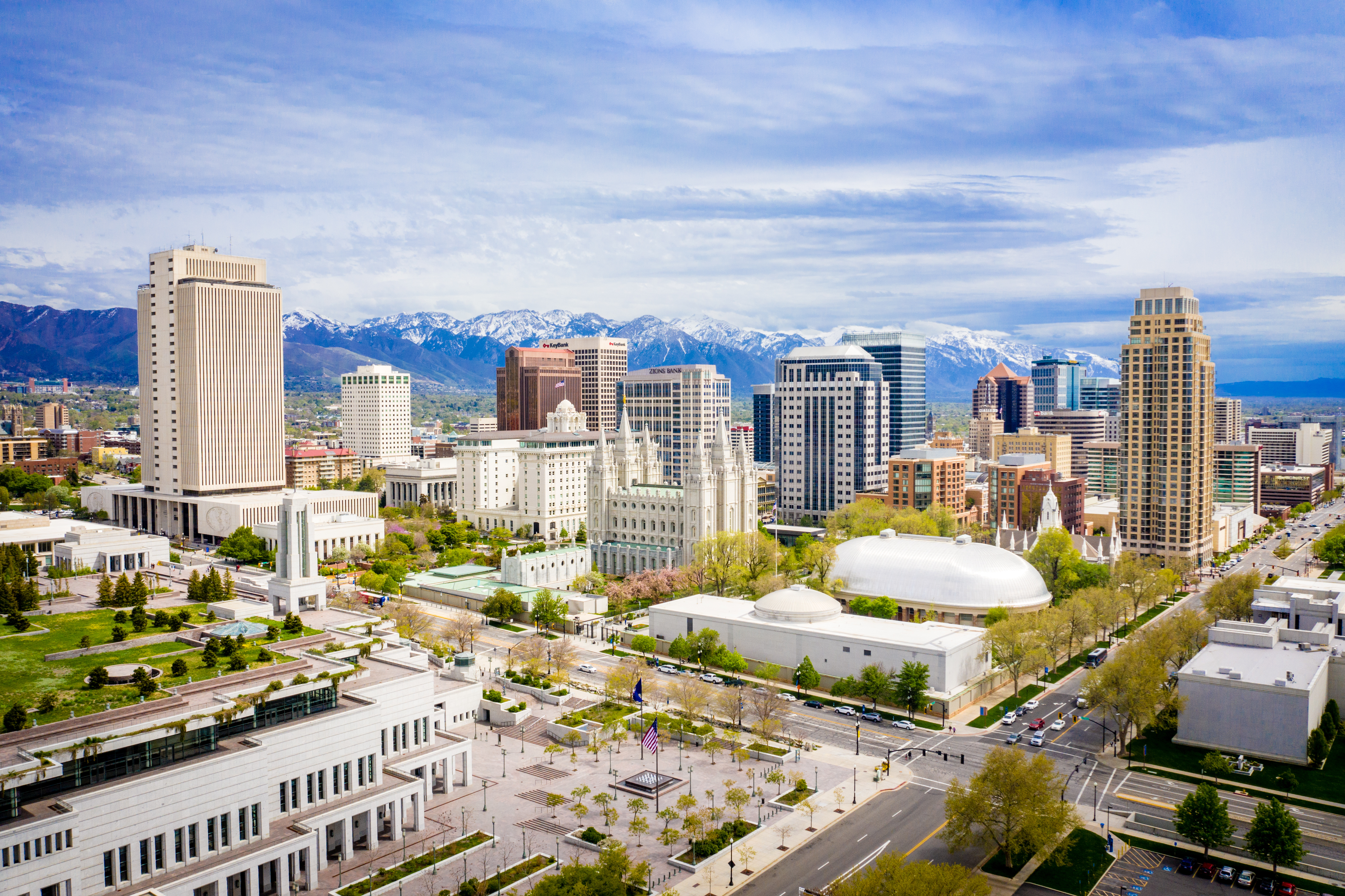 Downtown Salt Lake City skyline with the snow-capped Wasatch range behind it