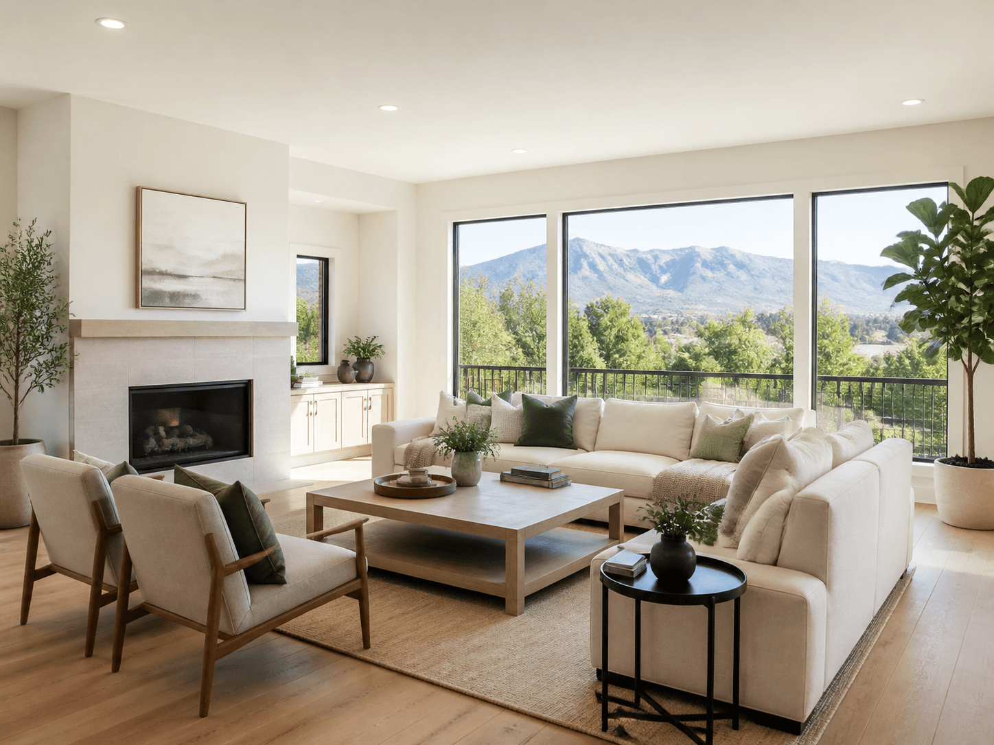 A bright, well-staged living room in a Salt Lake City home