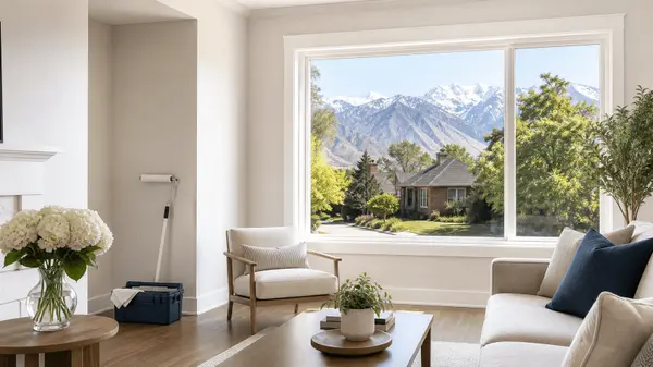 Selling a home in Salt Lake City - bright staged living room with a window looking out to a Utah neighborhood and the Wasatch Mountains