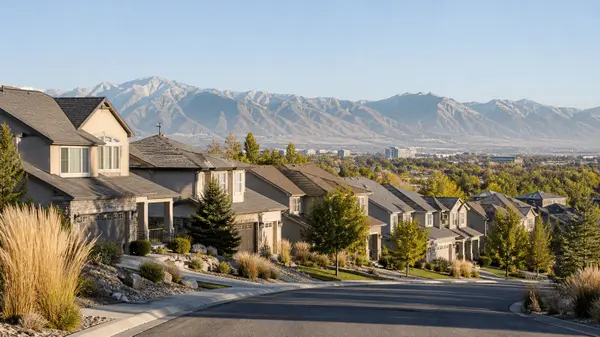 North Salt Lake homes for sale - hillside street of two-story homes above the Salt Lake Valley with the Wasatch Mountains beyond