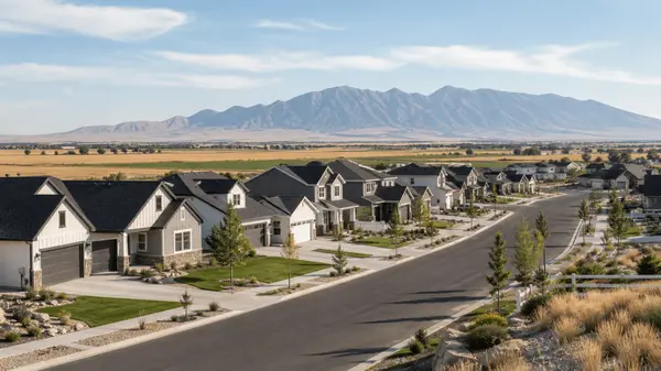 Syracuse UT real estate - newer suburban homes on a wide street with open Davis County farmland and the Wasatch Range behind