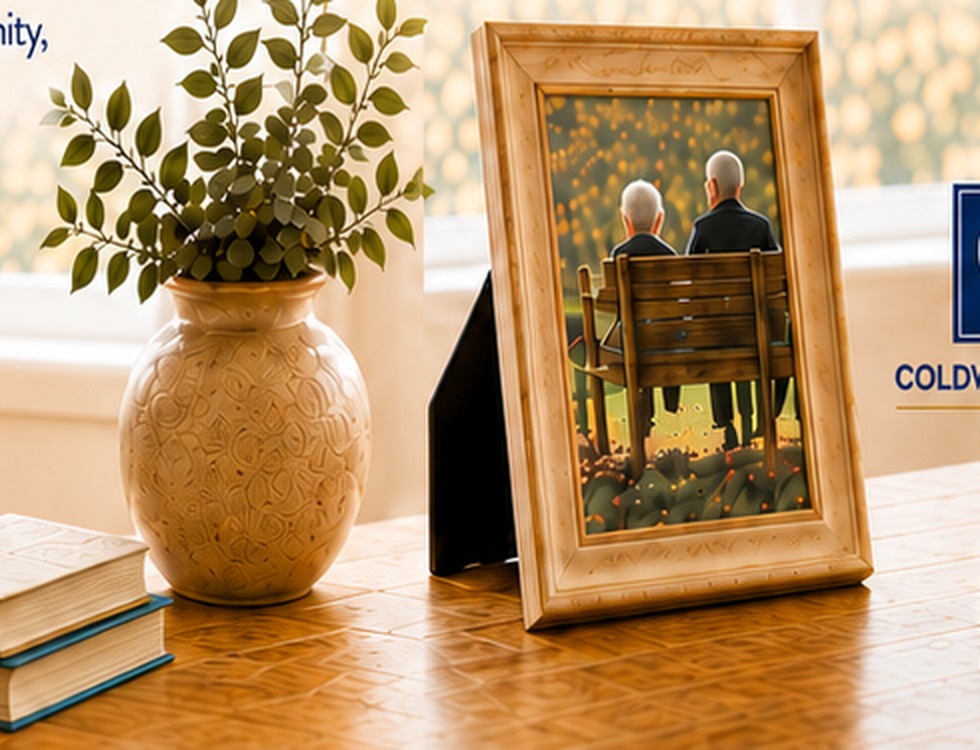 A framed memory, books, and fresh greenery in a welcoming home