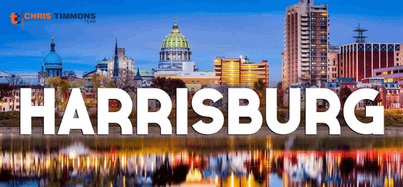 Skyline of Harrisburg, PA reflecting on the Susquehanna River with bold "HARRISBURG" text
