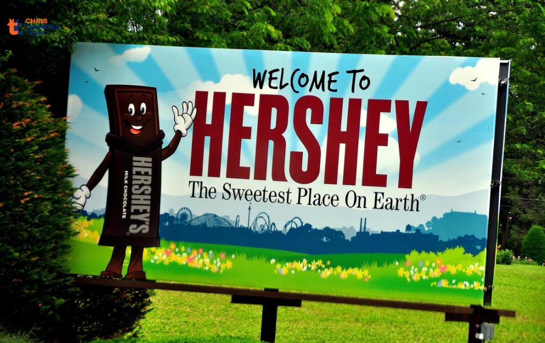 Street view in Hershey, PA with historic homes and trees lining the sidewalk