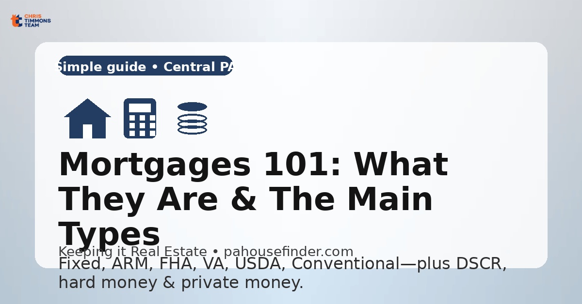 Mortgages 101 guide explaining common mortgage types and alternative financing options in Central PA.