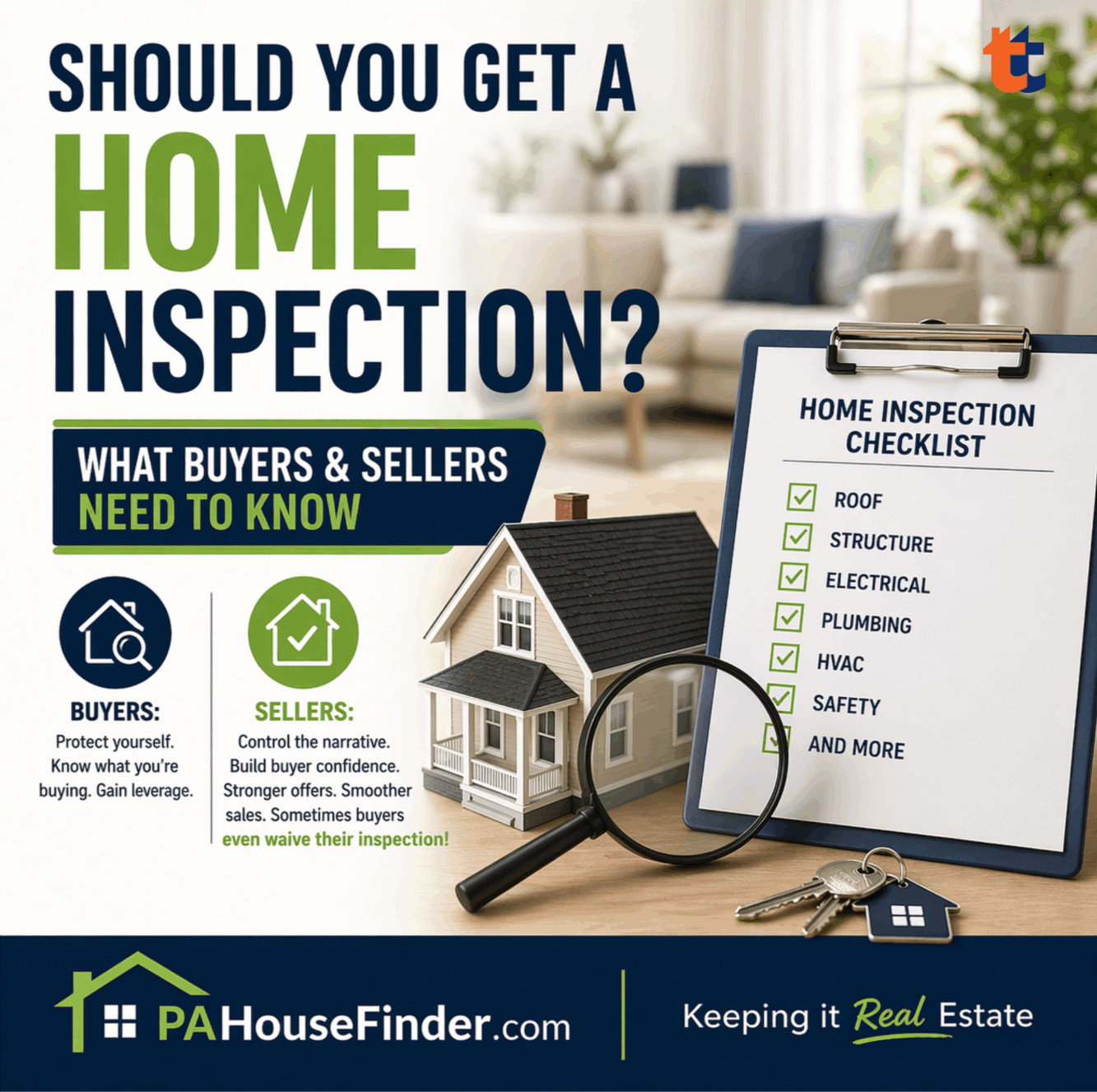Home inspection checklist and house representing buyer and seller decisions about inspections. 