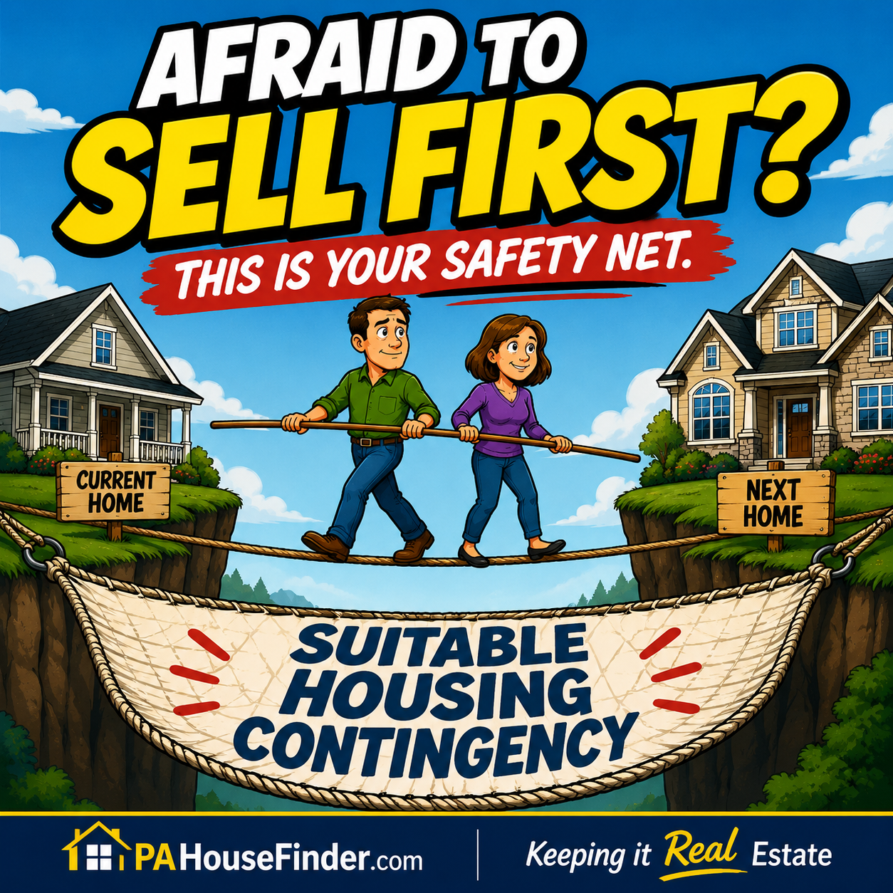 Cartoon illustration showing homeowners protected by a suitable housing contingency while searching for their next home.