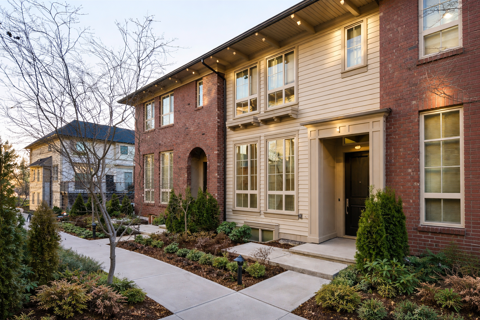 Street-level walkway view of Morgan townhomes in South Surrey, featuring red brick and beige siding exteriors, private front entrances, landscaped pathways, and modern West Coast architecture.