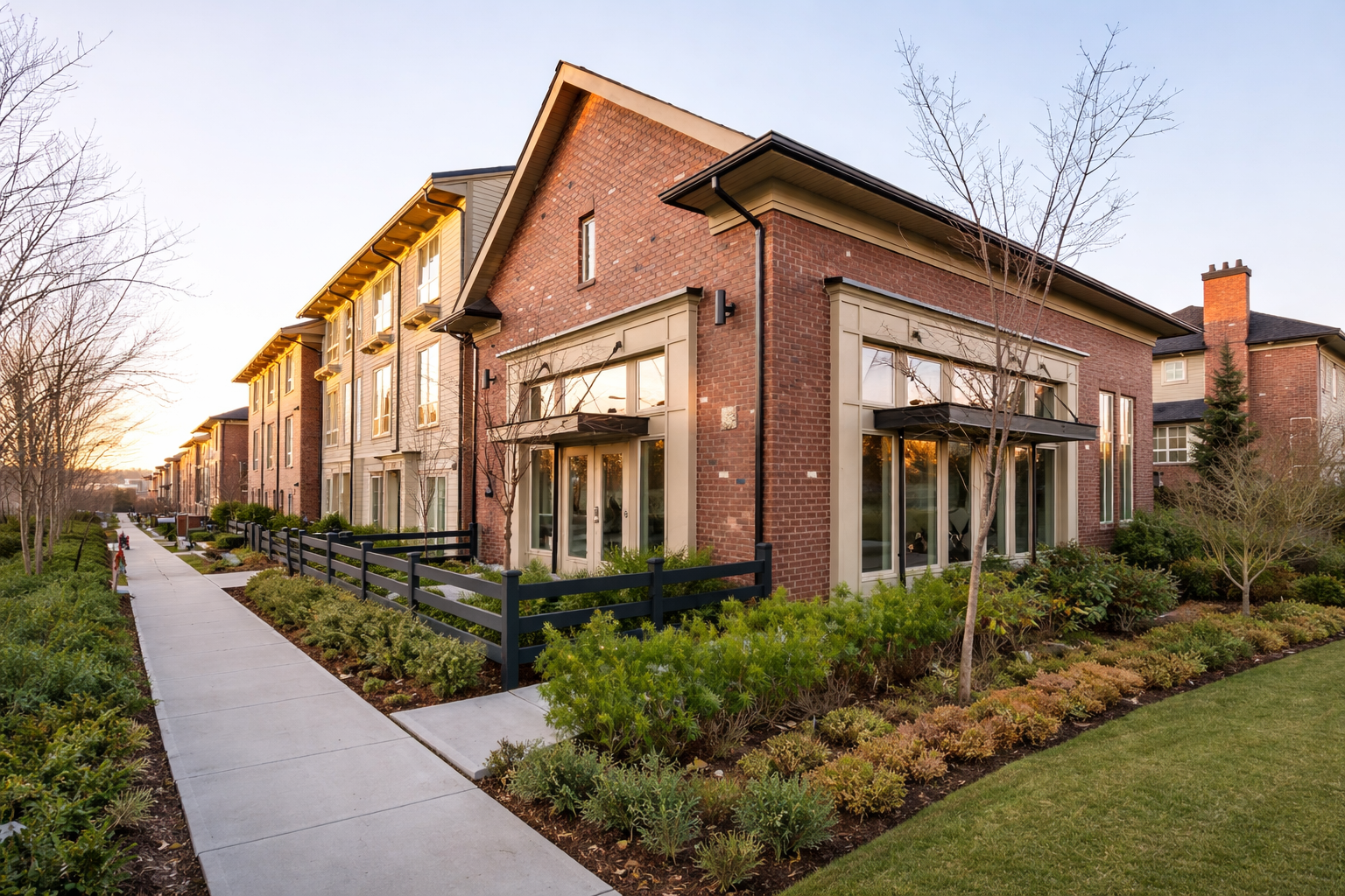 Corner unit view of Morgan townhomes in South Surrey, showcasing red brick exteriors, large windows, private fenced patios, and landscaped walkway along a quiet residential street.