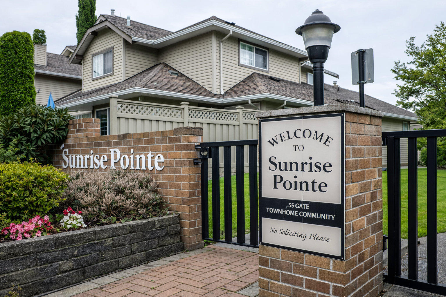 Entrance sign for Sunrise Pointe 55+ gated townhouse community in South Surrey with brick pillars, landscaped garden bed, and residential units in the background.
