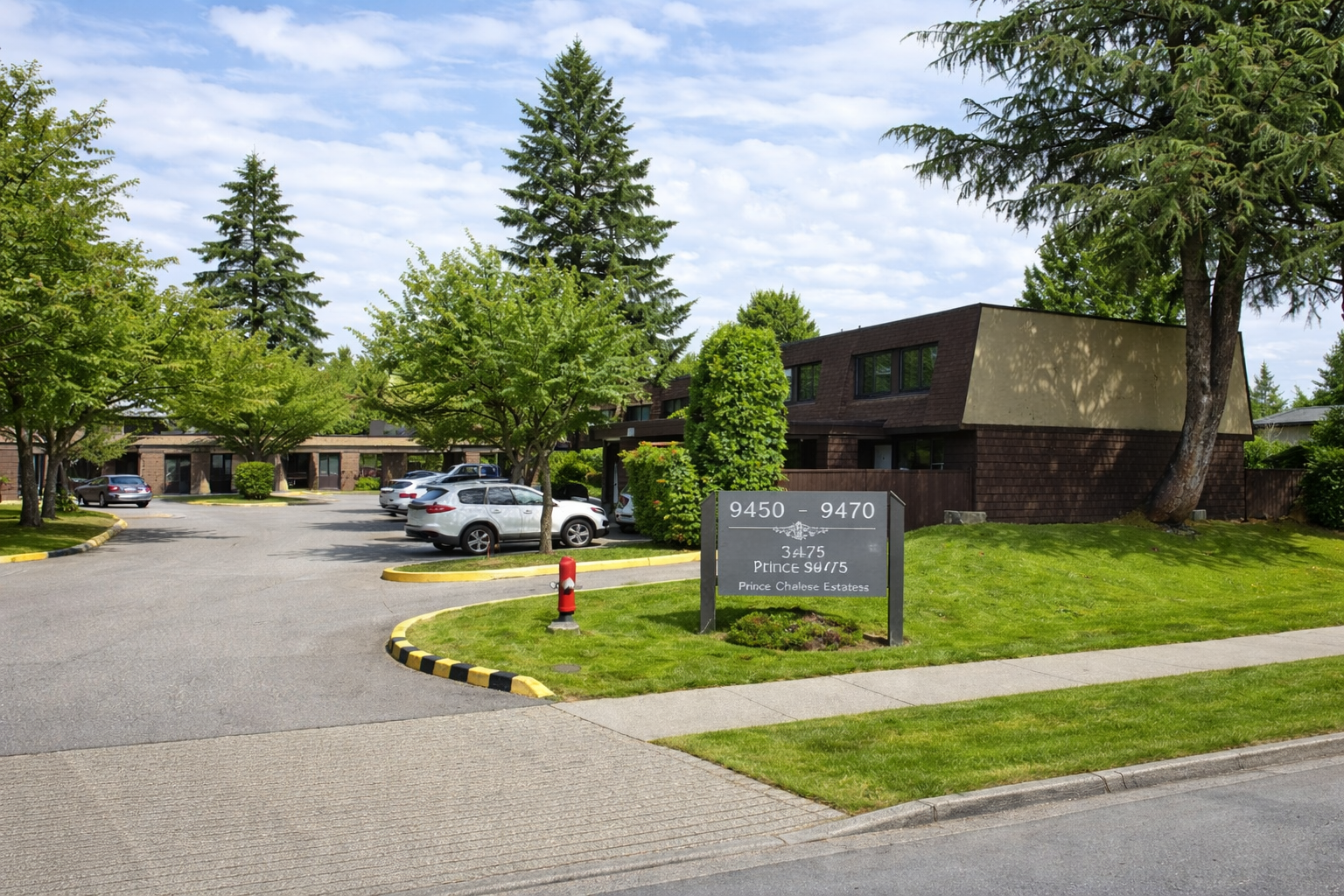 Street-level view of Prince Charles Estates townhouse entrance at 9450–9470 Prince Charles Boulevard in Surrey BC with green lawn, sign, and surrounding townhomes