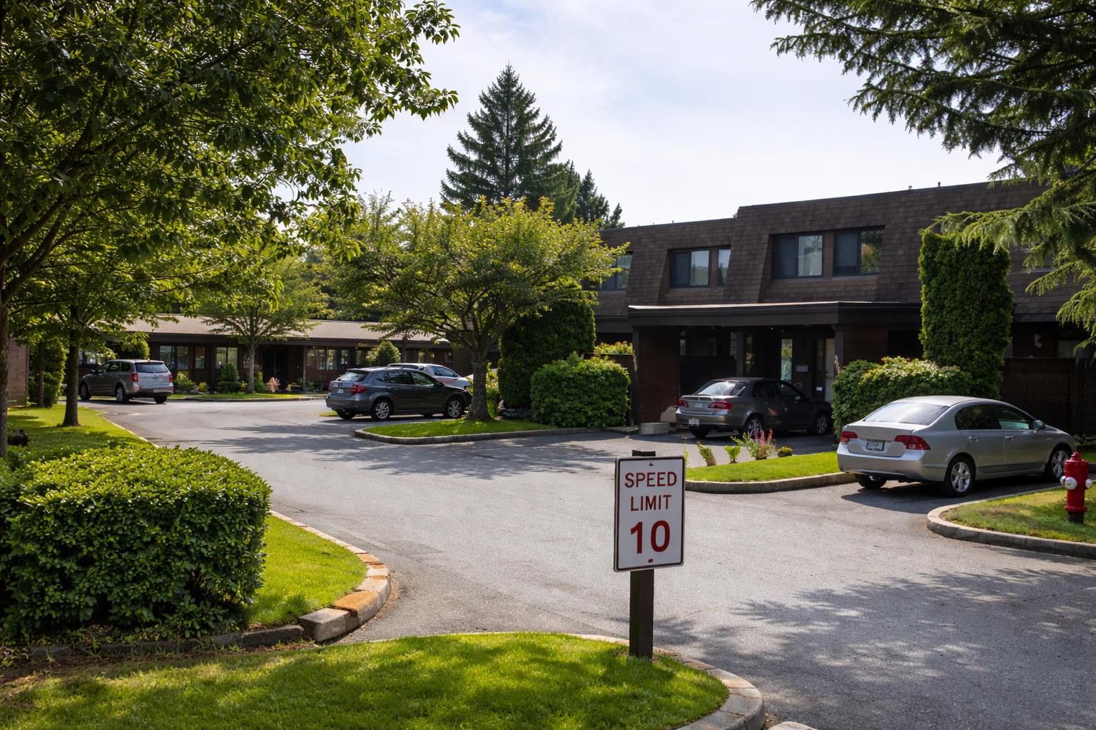 Interior driveway view of Prince Charles Estates townhomes in Surrey BC showing parking area, landscaped greenery, and residential units along Prince Charles Boulevard