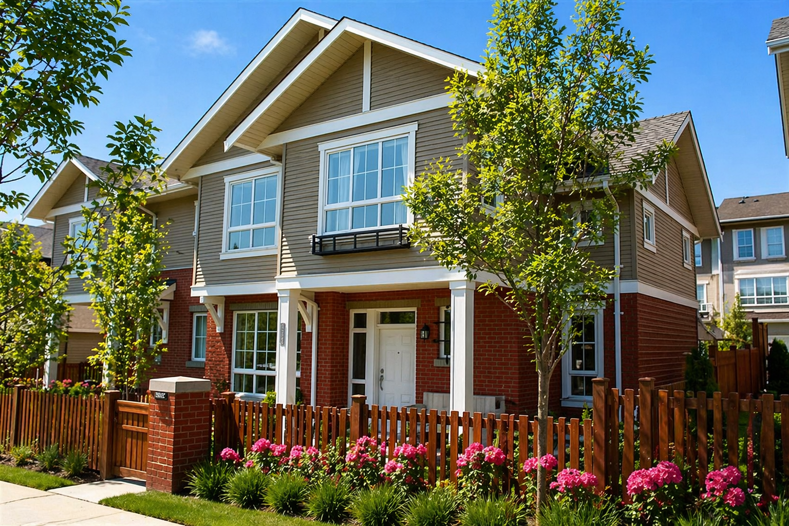 Exterior of Clayton Rise townhomes in Surrey BC featuring landscaped front yard with flowers, wooden fence, mature trees, and modern townhouse design in Clayton Heights.