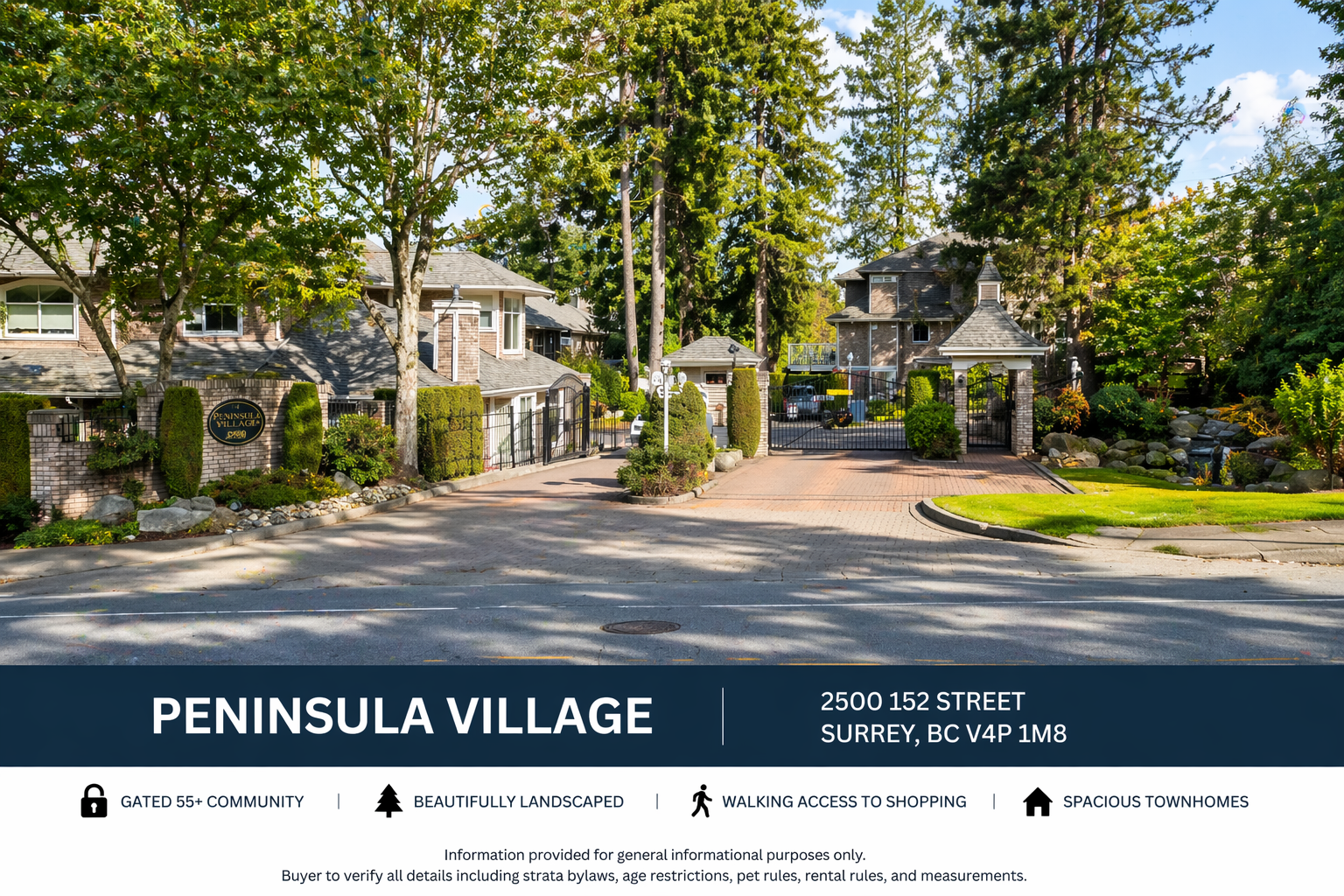Entrance to Peninsula Village, a gated 55+ townhouse community at 2500 152 Street in South Surrey, BC, featuring landscaped grounds, secure gate access, and residential buildings.