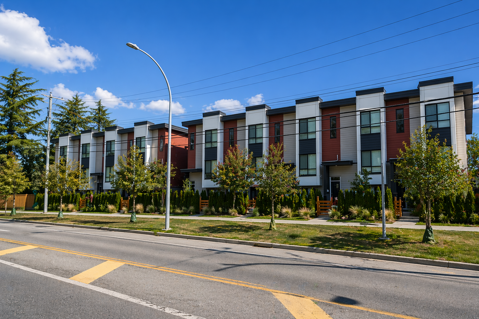 Street view of Isola townhomes at 1670 160 Street in South Surrey BC showing modern townhouse exteriors, landscaped front yards, and Grandview Heights neighbourhood setting.