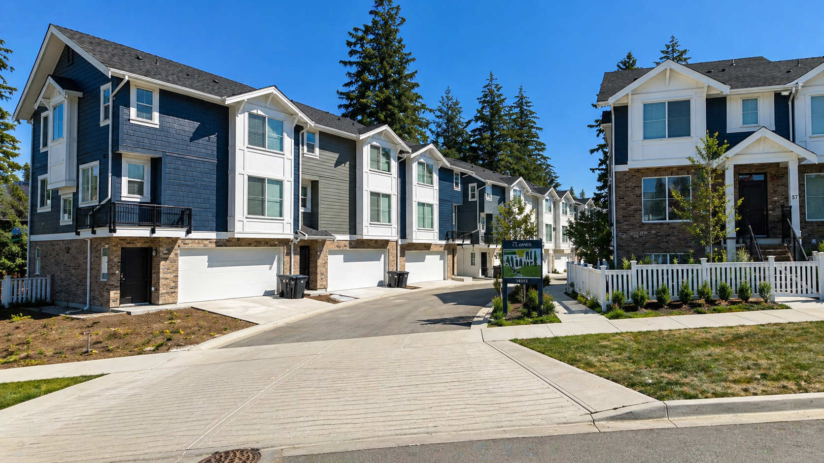Entrance view of Bell Green Park townhomes at 14355 62 Avenue in Surrey BC, showing modern three-level homes, side-by-side garages, landscaped entryway, and community signage in the Sullivan Heights area of South Newton.