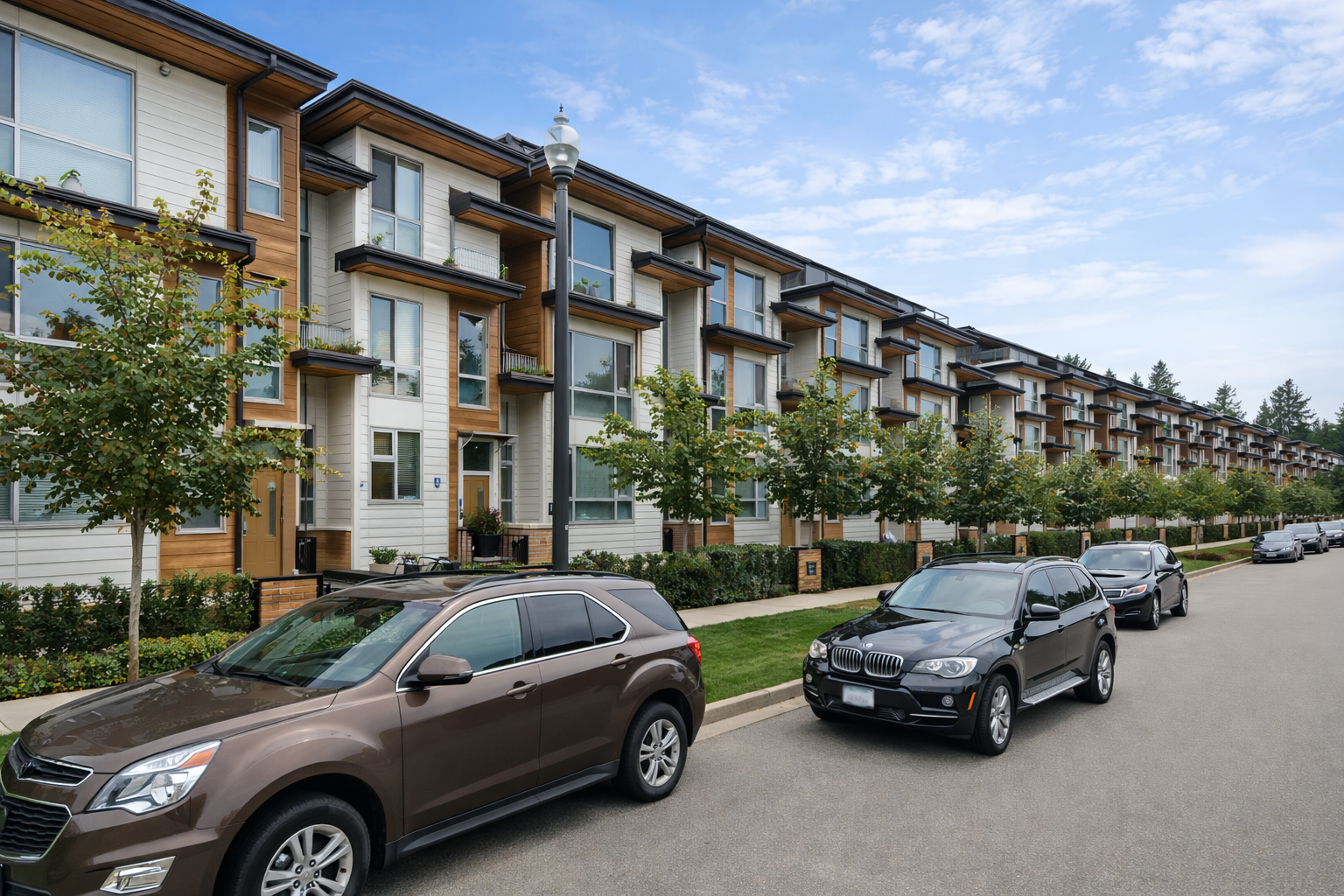 Street view of Greenway townhomes at 2825 159 Street South Surrey showing modern exterior design and residential streetscape