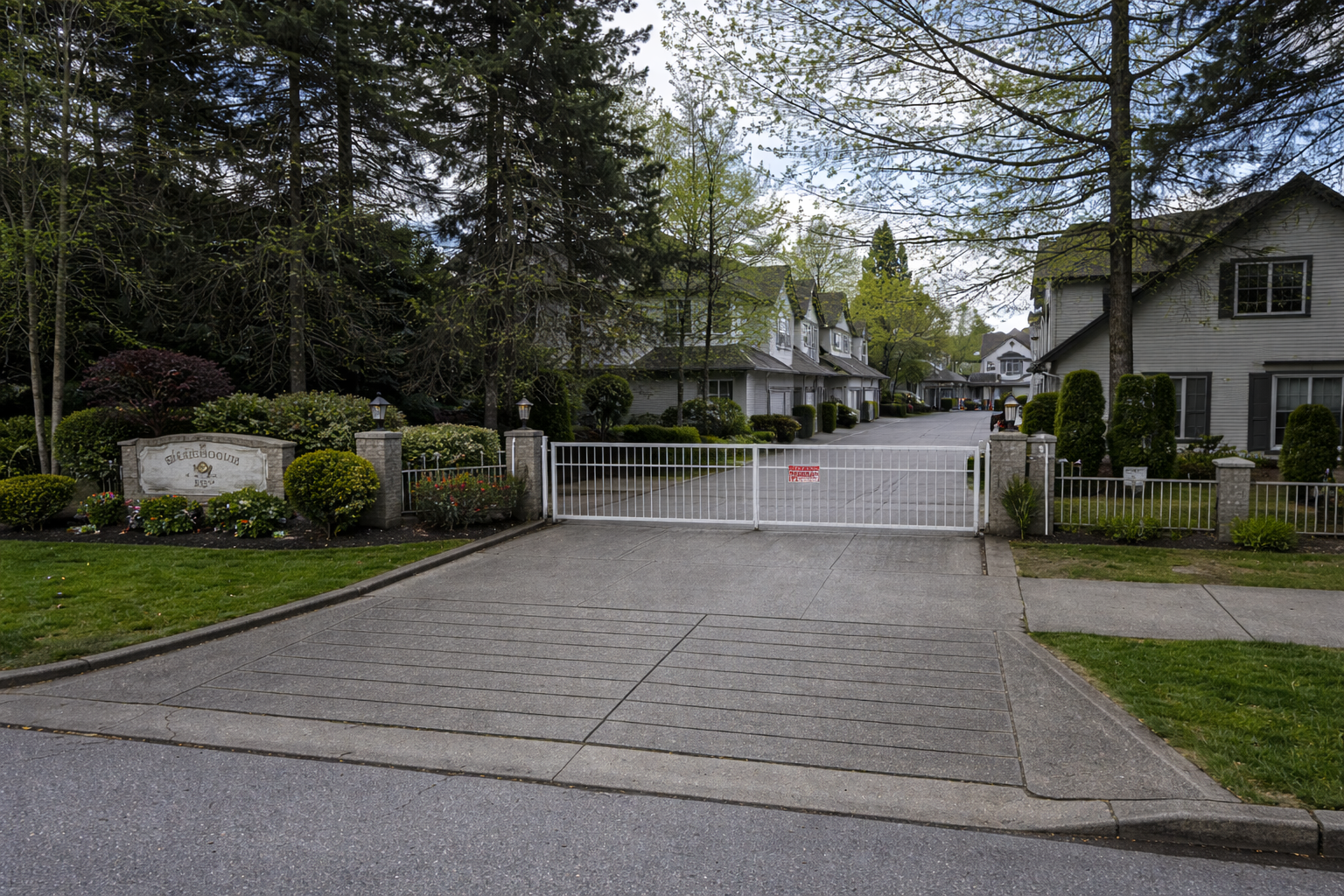 Entrance to Fleetwood Oaks townhomes at 16155 82 Avenue in Surrey BC featuring gated driveway, landscaped grounds, and exterior of residential complex
