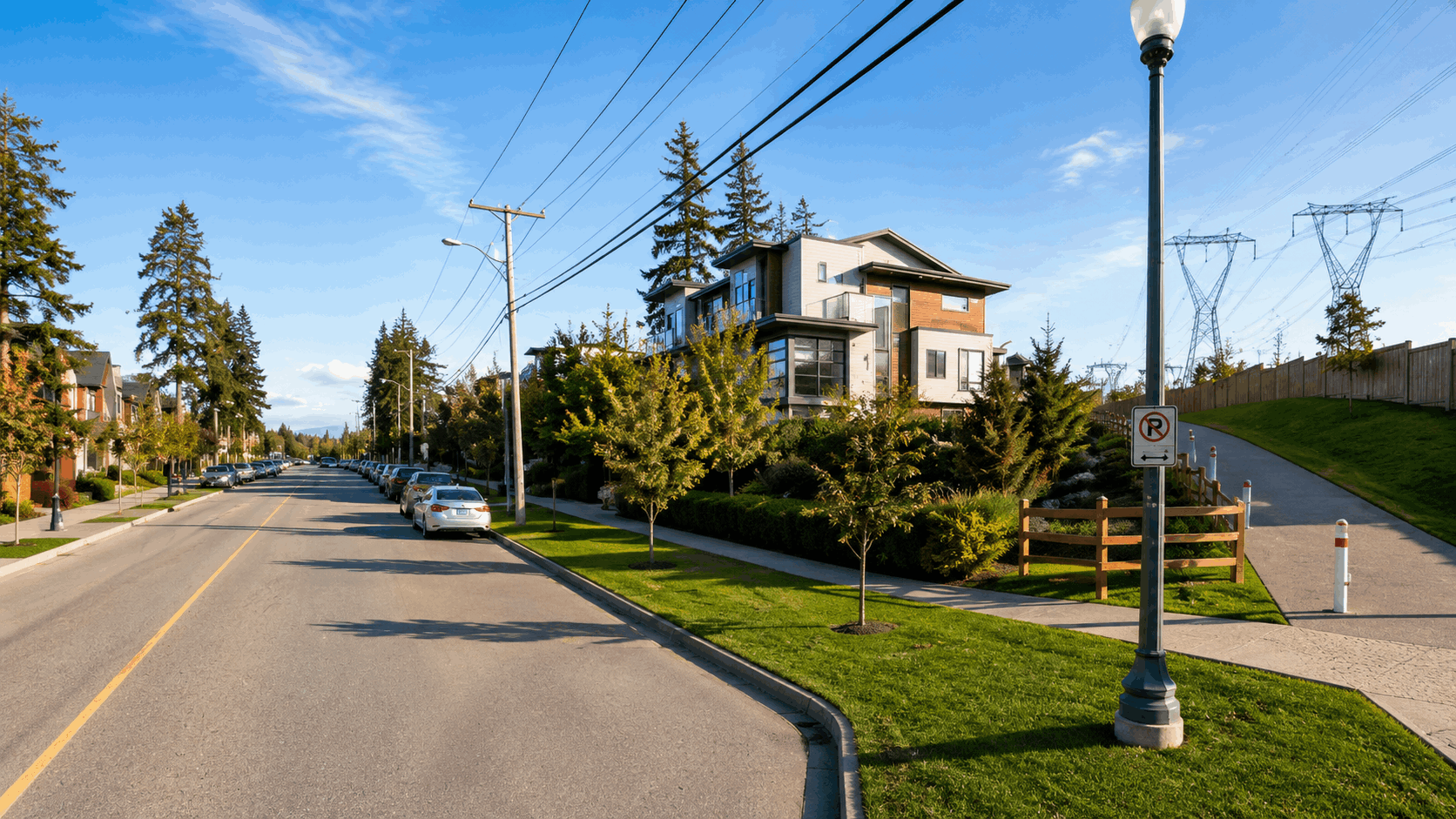 Neighbourhood view surrounding Sakura Townhomes at 15688 28th Avenue in South Surrey BC showing modern townhouse development, landscaped green space, pedestrian pathways, and Morgan Heights community amenities.