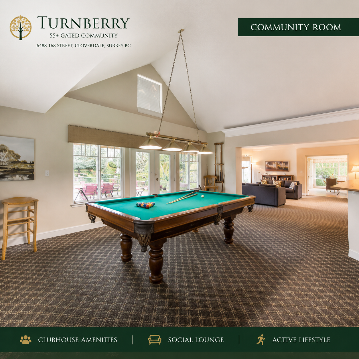Clubhouse games room at Turnberry Townhomes, a 55+ gated community at 6488 168 Street in Cloverdale Surrey BC featuring a pool table, social gathering space, and resident recreation amenities.