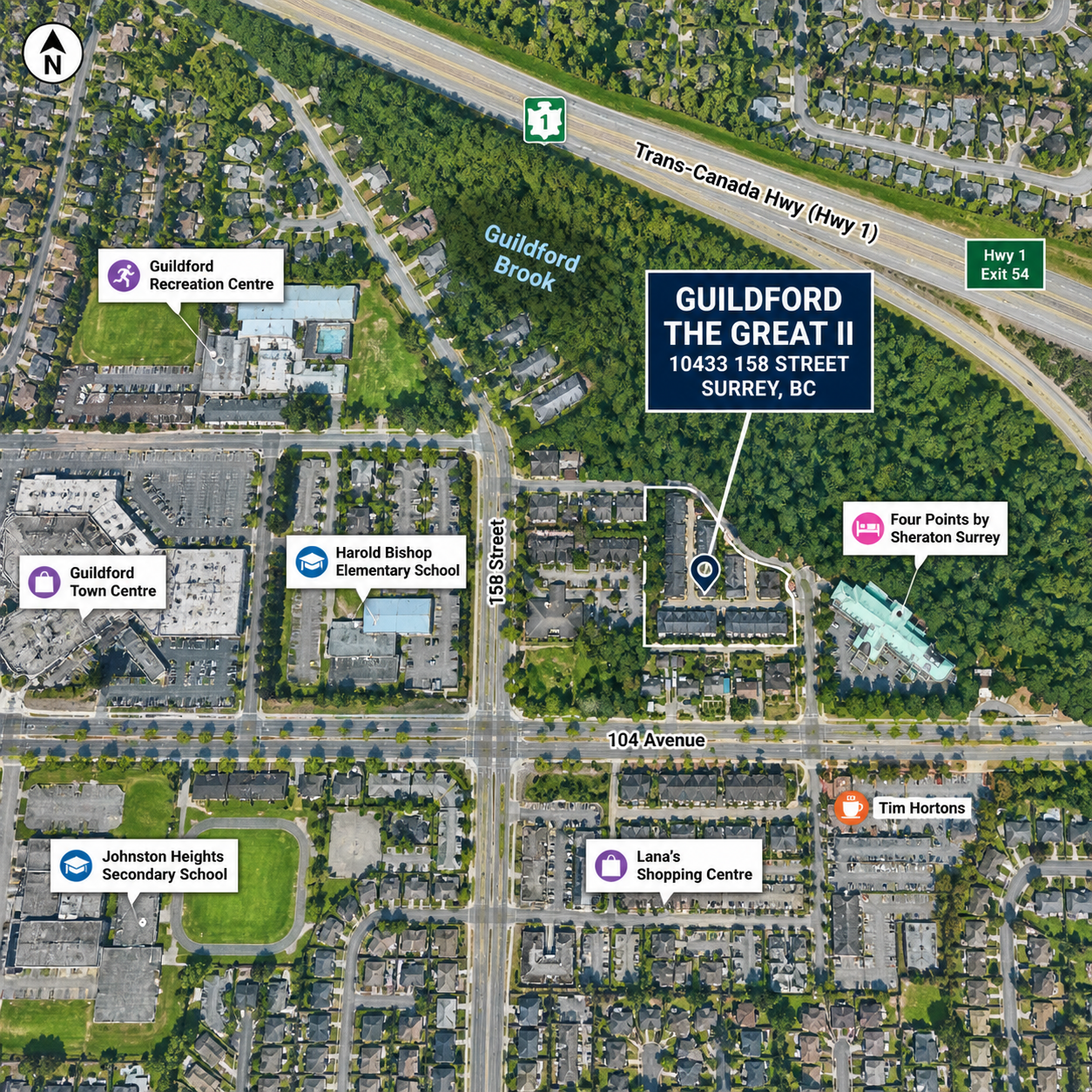 Map of Guildford The Great II townhomes at 10433 158 Street Surrey BC showing location near Highway 1, 104 Avenue, schools and Guildford amenities