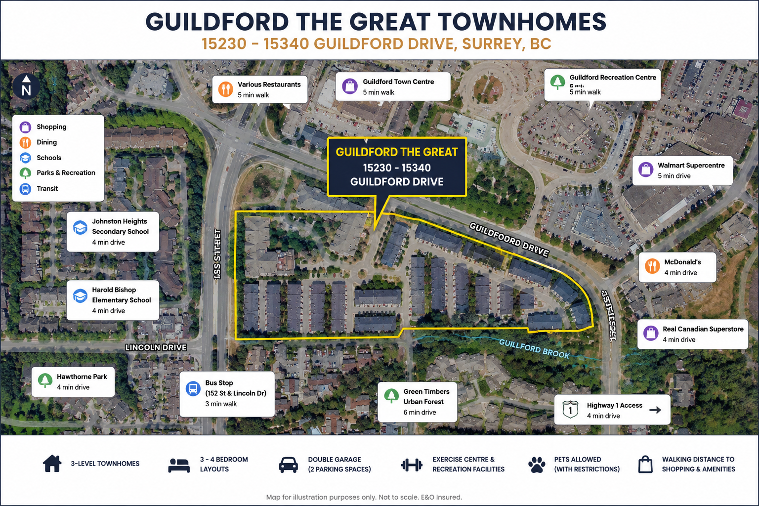 Aerial map highlighting Guildford The Great townhomes at 15230–15340 Guildford Drive in Surrey near Guildford Town Centre and Highway 1