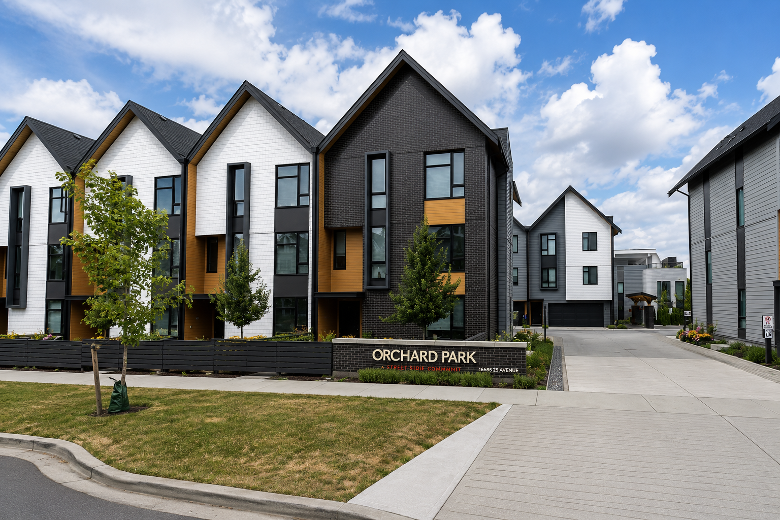 Street-level entrance view of Orchard Park townhomes at 16685 25 Avenue in Grandview Heights Surrey BC featuring modern Scandinavian-inspired architecture, landscaped grounds, and community entrance signage.