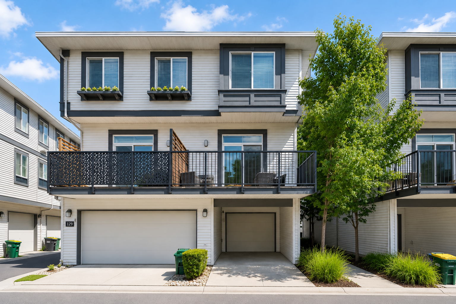 Exterior view of a Fleetwood Village townhome at 15850 85 Avenue in Surrey BC, featuring modern architecture, a double garage, private balcony, contemporary finishes, and landscaped surroundings within the Fleetwood community.