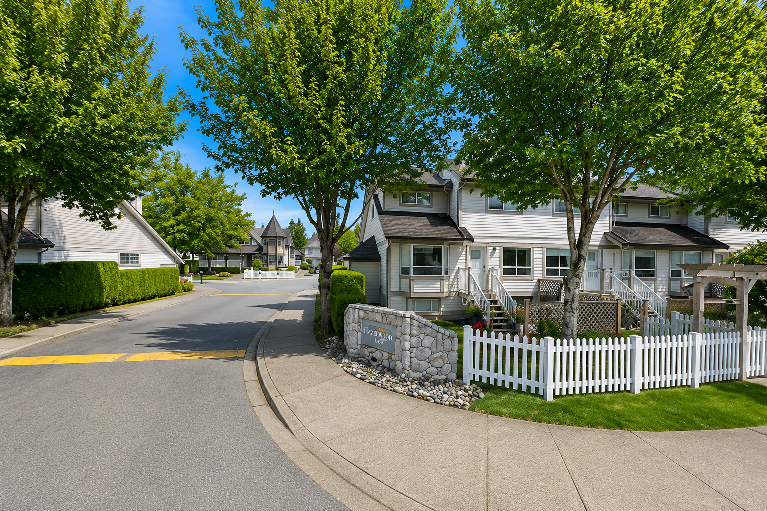 Street-level entrance to Hazelwood Lane Townhomes at 16318 82 Avenue in Surrey BC featuring heritage-style townhomes, white picket fencing, mature landscaping, private yards, and the family-friendly Fleetwood community.