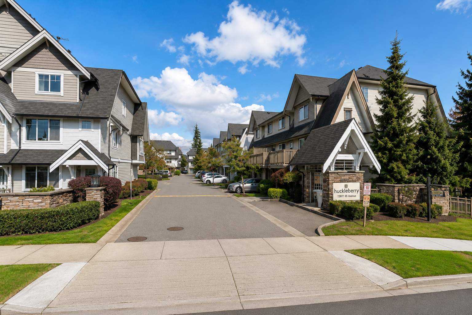 Main entrance to Huckleberry Townhomes at 15871 85 Avenue in Surrey BC, featuring Polygon-built three-level townhomes, landscaped grounds, visitor parking, and the community entrance sign in Surrey's Fleetwood neighbourhood.