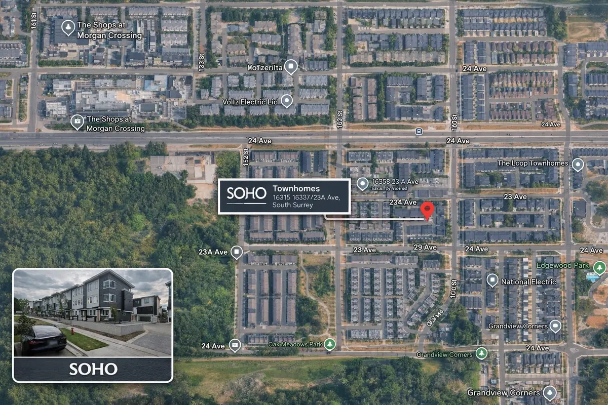 Aerial map showing SOHO townhomes in South Surrey located at 16315–16337 23A Avenue near Morgan Crossing and Grandview Heights with surrounding streets and amenities visible