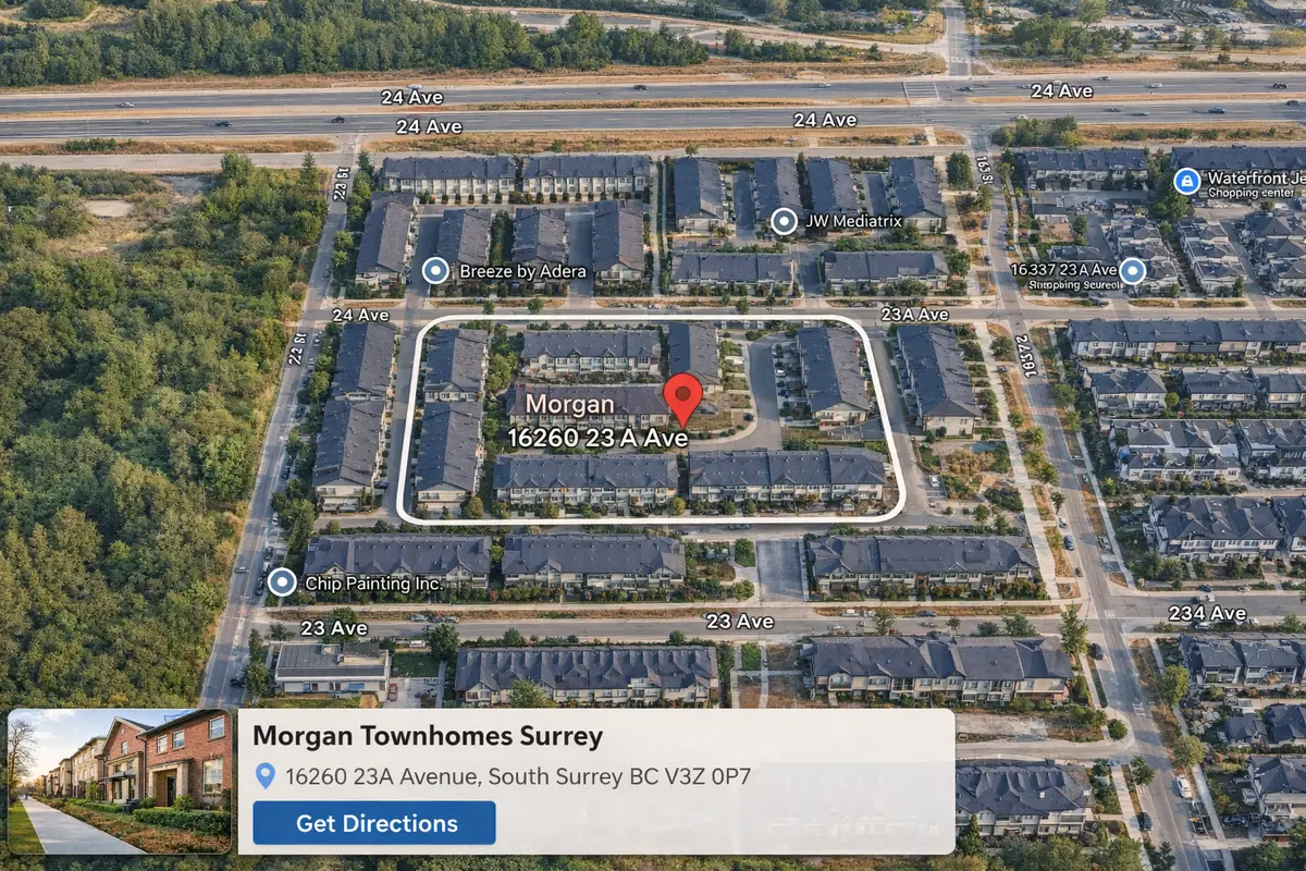 Aerial map view of Morgan townhomes in South Surrey highlighting the complex at 16260 23A Avenue, surrounded by nearby residential communities, streets, and local amenities.