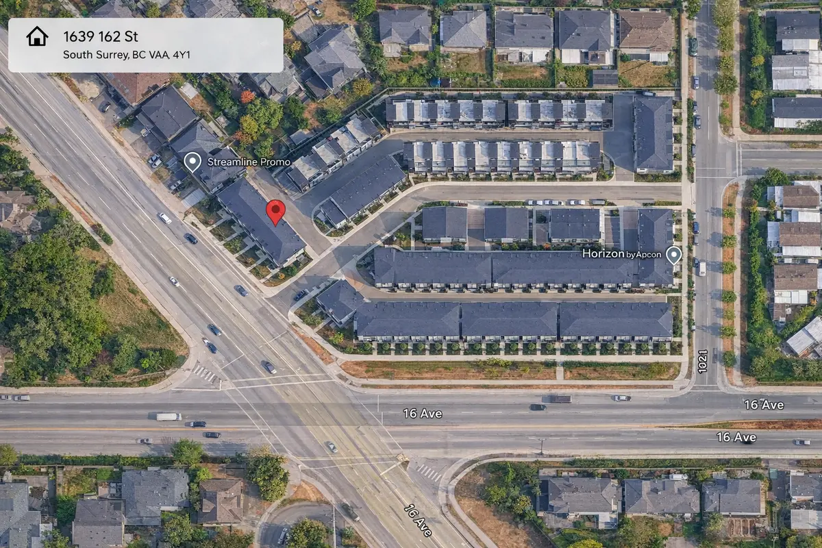 Aerial map view of Horizon Townhomes at 1639 162 Street in South Surrey showing the full complex layout, surrounding streets, and nearby residential area