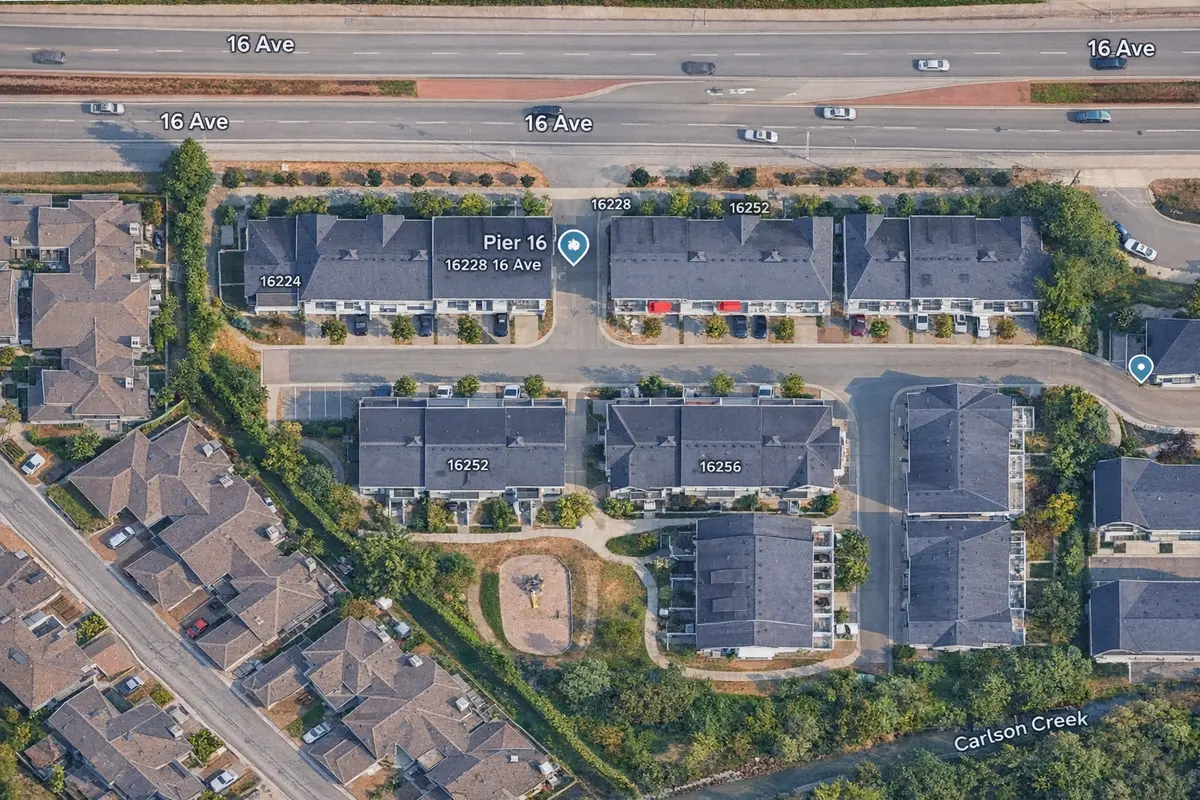 Aerial map view of Pier 16 townhouse complex in South Surrey showing building layout, internal roads, parking areas, and proximity to 16 Avenue.