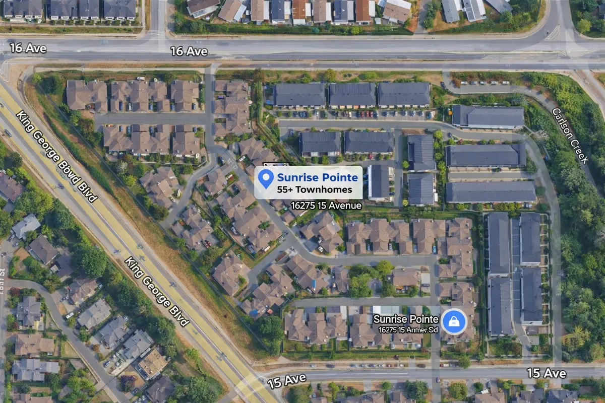 Aerial map of Sunrise Pointe 55+ gated townhouse community in South Surrey at 16275 15 Avenue showing complex layout, internal roads, and surrounding neighbourhood.