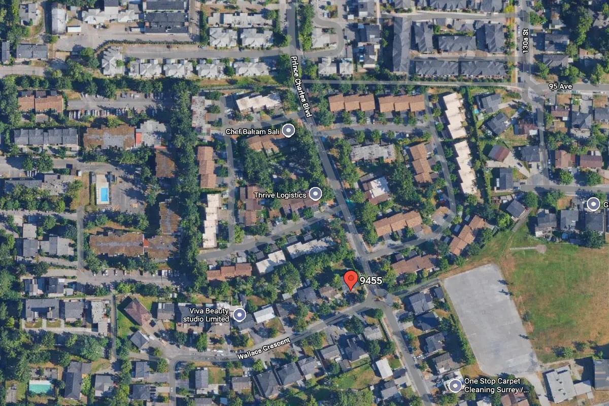 Aerial map view of Prince Charles Estates townhomes in Surrey BC showing layout along Prince Charles Boulevard near 95 Avenue and Wallace Crescent